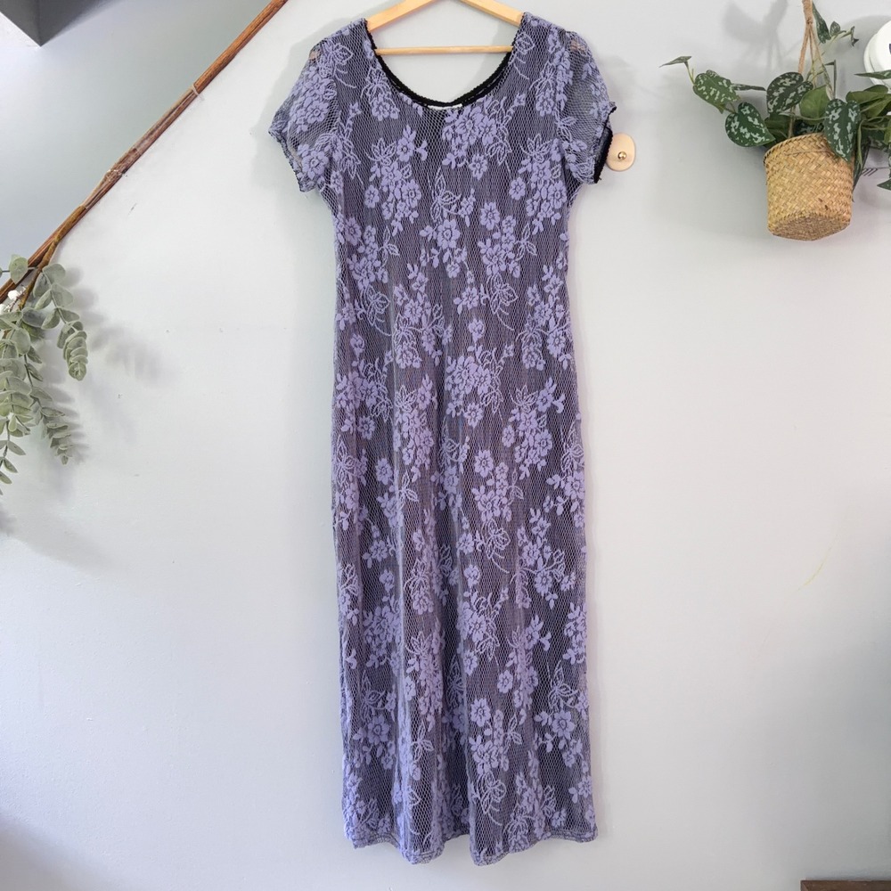 Always Caroline Slip Dress Floral Lace Vtg Y2K Fairy Purple Maxi Short Sleeve